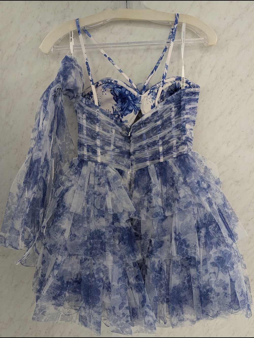 Sherri Hill Blue & White Floral Tiered Tulle Mini Dress